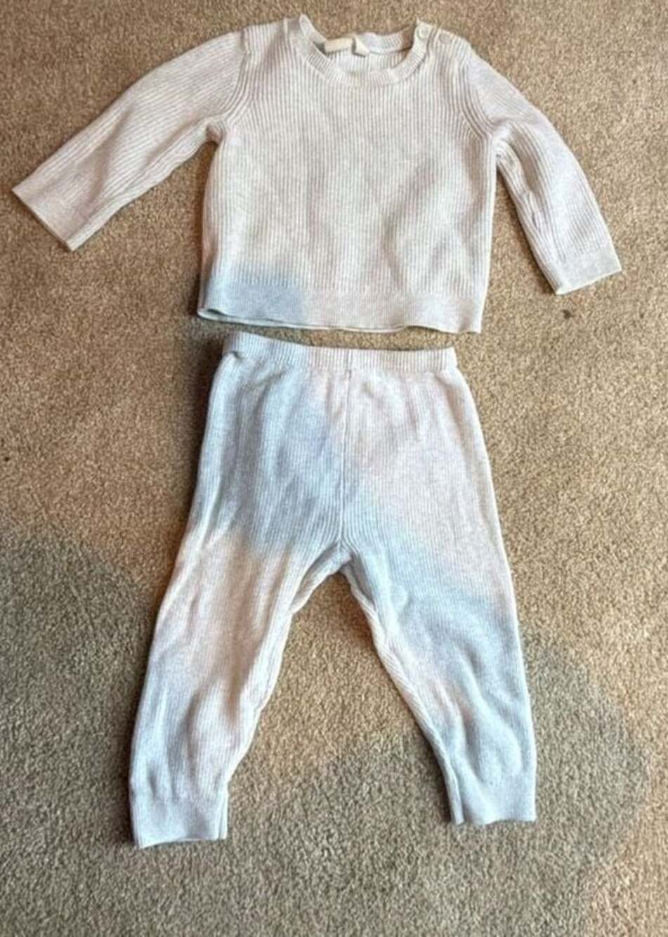 Light Beige Waffle-Knit Long-Sleeve Top and Pants 2-Piece Set for Kids
